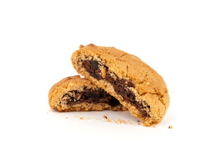 Chocolate cookies with chocolate filling isolated, brown round biscuits, broken sweet cocoa pastry