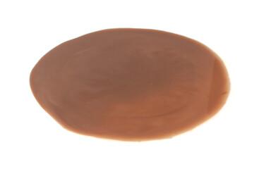Spilled chocolate milk isolated, hot chocolate puddle, liquid stain, coffee splatter, brown latte