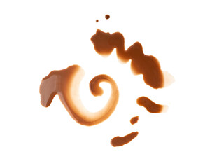 Spilled chocolate milk isolated, hot chocolate puddle, liquid stain, coffee splatter, brown latte
