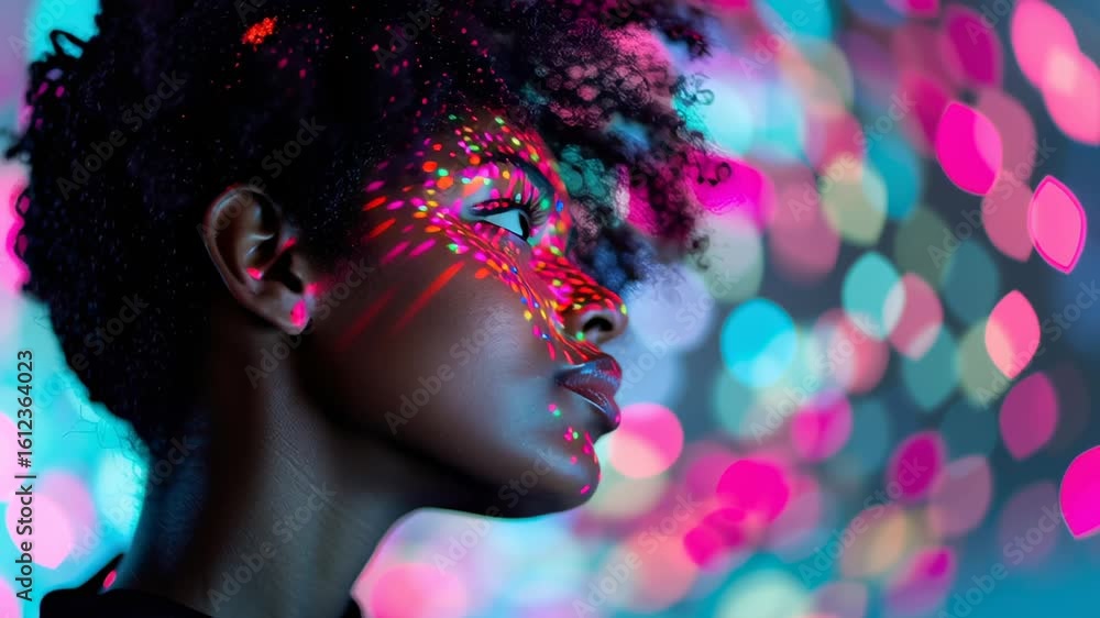 Poster a model stands in front of a vibrant backdrop, illuminated by colorful lights that create intricate 