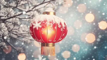 A vibrant red lantern hangs from a branch, surrounded by falling snowflakes and soft bokeh lights, creating a festive winter atmosphere. - Powered by Adobe