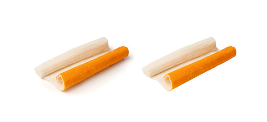 Crab Stick Pile Isolated, Orange Crabstick Closeup, Crabmeat Food, Crabmeat Fish Sticks