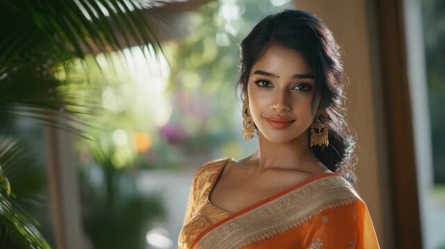 Glamorous Indian actress in vibrant saree and gold jewelry, exuding confidence against blurred tropical backdrop.
