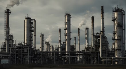 Obraz premium Panoramic view of a large industrial refinery featuring distillation towers, pipelines, and smoke rising in the background under a cloudy sky, conveying a heavy-duty work atmosphere