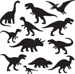 vector set of silhouttee various dinosaurs in different poses  on white background
