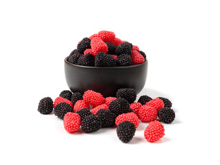 Gummy berries, chewy raspberries or jelly blackberries, gelatin candies fruit marmalade