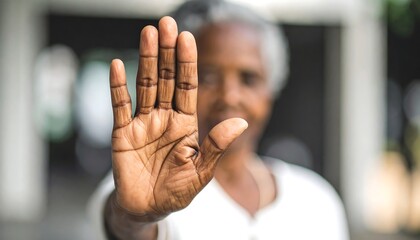 Elderly person holding hand out in stop gesture