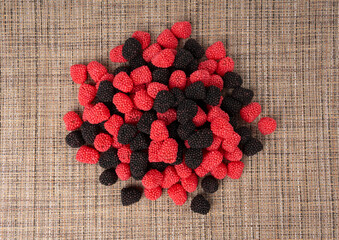 Gummy berries, chewy raspberries or jelly blackberries, gelatin candies fruit marmalade