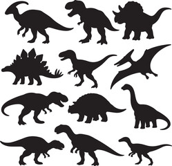 vector set of silhouttee various dinosaurs in different poses  on white background