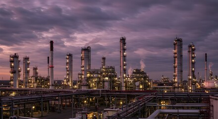 Fototapeta premium Panoramic view of a large industrial refinery featuring distillation towers, pipelines, and smoke rising in the background under a cloudy sky, conveying a heavy-duty work atmosphere