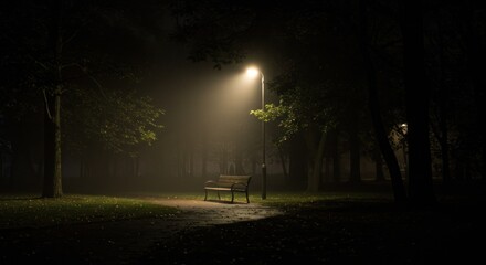 Foggy park bench at night