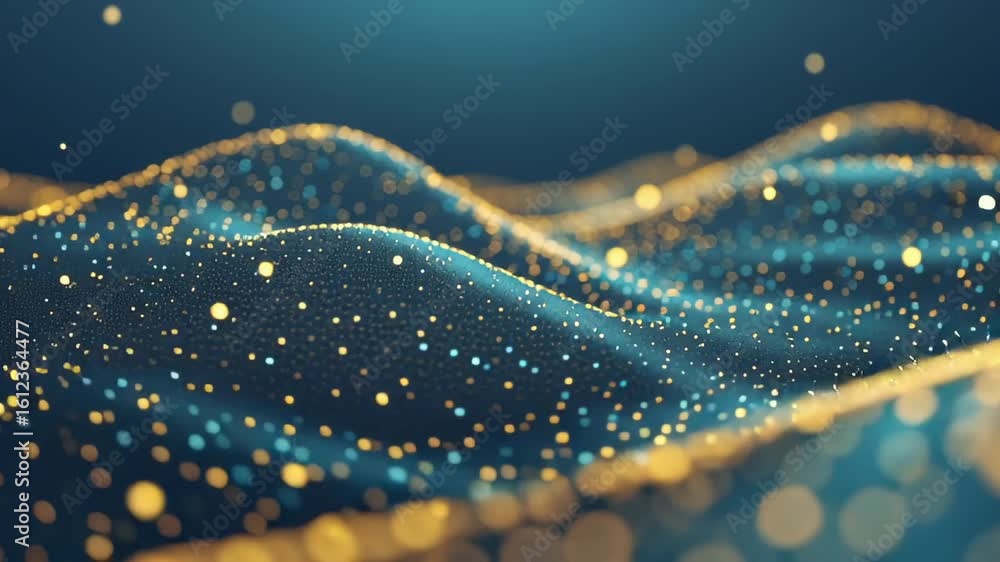 Poster golden particles drift and shimmer on a dark blue backdrop, creating a mesmerizing visual effect tha
