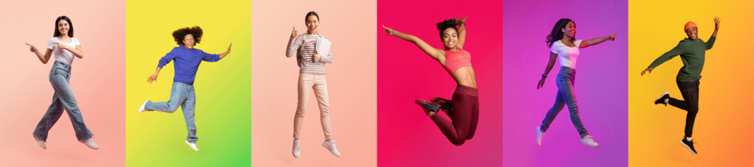 A lively display of diverse individuals expressing joy through dance and movement against vibrant...