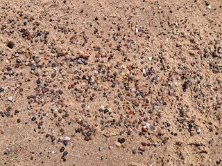 A macro shot of a sandy beach reveals a mix of smooth pebbles and small stones, showcasing the natural textures of the coastal environment.