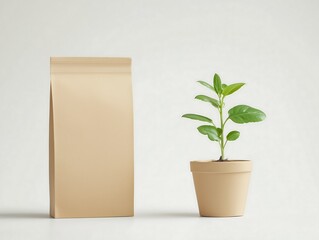 Eco-Friendly Packaging Mockup Plant in Beige Pot & Kraft Paper Pouch,branding,clean
