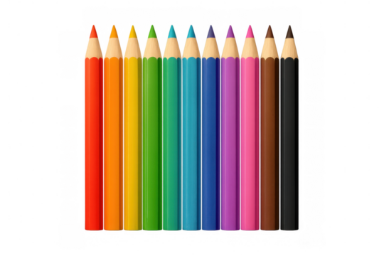Colored pencils forming a perfect row on transparent background