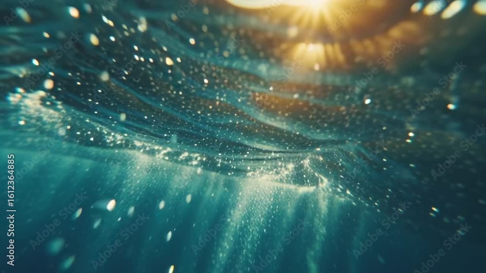 Poster sunlight shines through water, illuminating the underwater world with sparkling reflections and gent