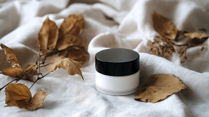 Elegant Cosmetic Jar Mockup with Dried Leaves on Linen Fabric,white,natural