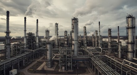 Obraz premium Panoramic view of a large industrial refinery featuring distillation towers, pipelines, and smoke rising in the background under a cloudy sky, conveying a heavy-duty work atmosphere