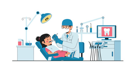 Adobe illustrator vector flat style illustration of a dentist examining a young girl's teeth in a dental clinic, emphasizing kids' dental health and oral hygiene