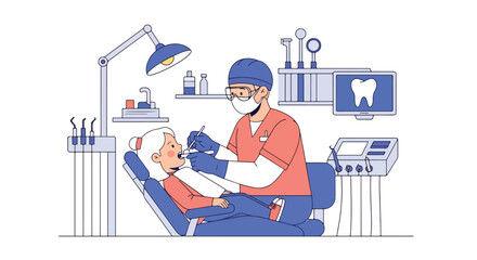 Adobe illustrator vector flat style illustration of a dentist examining a young girl's teeth in a dental clinic, emphasizing kids' dental health and oral hygiene