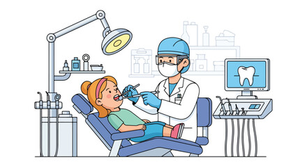 Adobe illustrator vector flat style illustration of a dentist examining a young girl's teeth in a dental clinic, emphasizing kids' dental health and oral hygiene