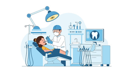 Adobe illustrator vector flat style illustration of a dentist examining a young girl's teeth in a dental clinic, emphasizing kids' dental health and oral hygiene