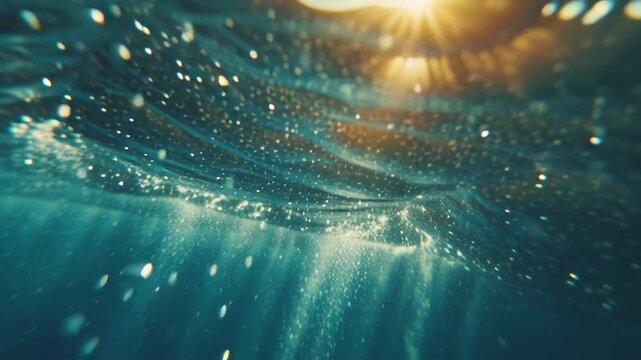 Sunlight shines through water, illuminating the underwater world with sparkling reflections and gentle movement in a serene atmosphere.