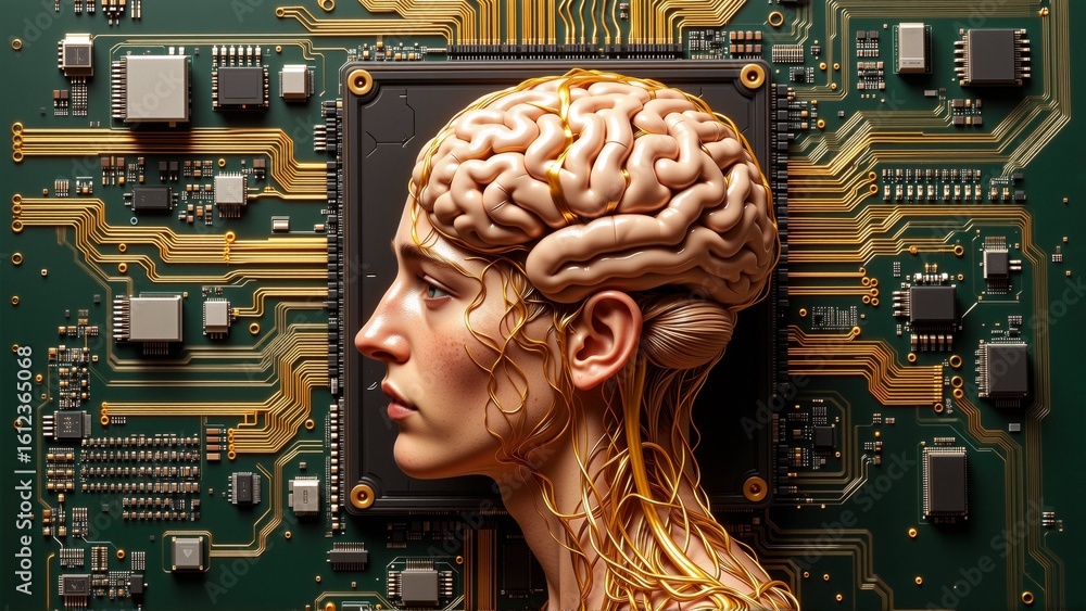 Poster digital art piece appears representation human head brain head center brain top brain intricate line