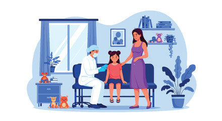 Adobe illustrator vector flat style illustration of a doctor giving a vaccination to a young kid with his mother present, emphasizing child immunization and preventative healthcare