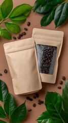 Eco-Friendly Coffee Packaging Mockup with Beans and Leaves,brown,packaging