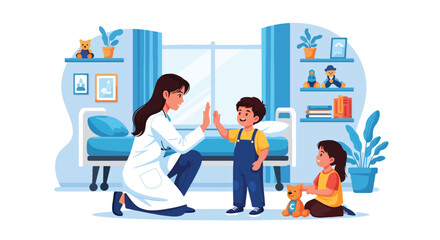 Adobe illustrator vector flat style illustration of a happy little kid giving a high-five to a friendly female pediatrician during a check-up, promoting positive kids' health experiences