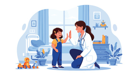 Adobe illustrator vector flat style illustration of a happy little kid giving a high-five to a friendly female pediatrician during a check-up, promoting positive kids' health experiences