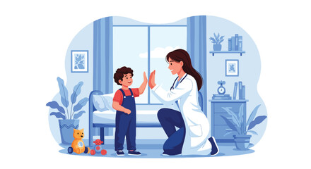 Adobe illustrator vector flat style illustration of a happy little kid giving a high-five to a friendly female pediatrician during a check-up, promoting positive kids' health experiences