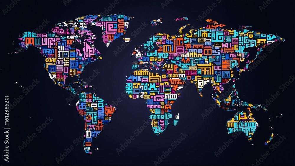 Poster world map colorful squares rectangles different colors map set against black background making color