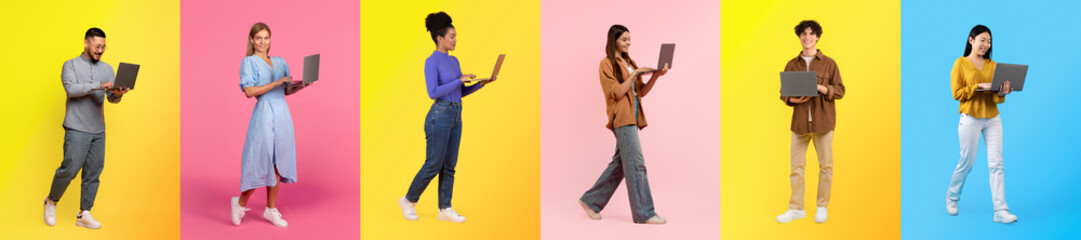 A cheerful and diverse group of people engages with laptops against bright, colored backgrounds....