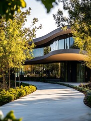 Modern Architectural Design Curving Office Building with Landscaped Walkway