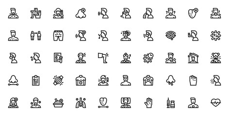 Coronavirus symptoms icon set. Medical vector illustration. Includes fever, cough, loss of taste, difficulty breathing, headache, fatigue, vaccine and more. Editable stroke line icons.