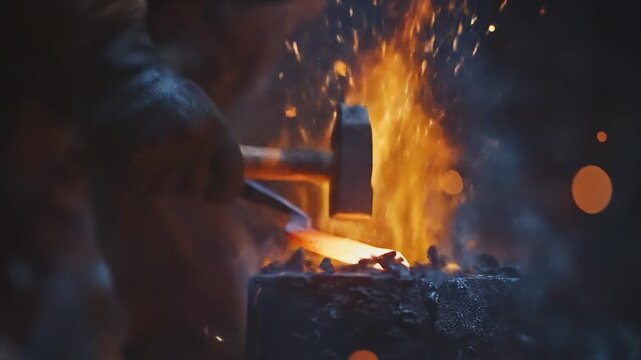 Blacksmith forging metal with sparks fly.