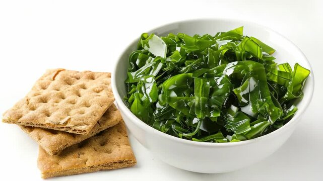 A bowl of dulse, a type of seaweed, with two slices of crackers for snacking.