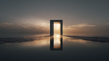 Minimalist Sunset Gateway Tranquil Seascape with Abstract Architecture