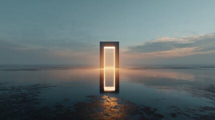 Luminous Gateway Surreal Sunset Seascape with Glowing Portal