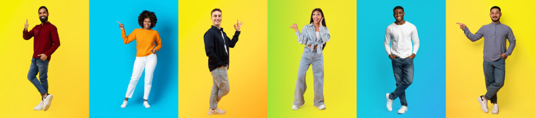 A lively collage features a diverse group of happy individuals expressing joy and fun against vibrant backgrounds. They showcase unity through their cheerful poses and outfits.