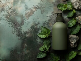 Dark Green Cosmetic Bottle Mockup with Fresh Mint Leaves on Textured Background