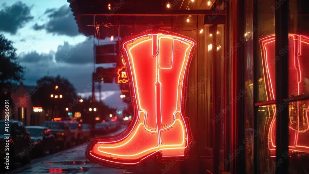 Poster lit up red boot sign in store window. neon shoe advertisement illuminated against dark sky.