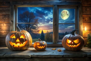 Obraz premium Glowing halloween pumpkins sit on a windowsill against a spooky night sky