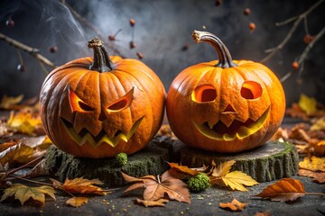 Two carved pumpkins with scary faces glow in the dark