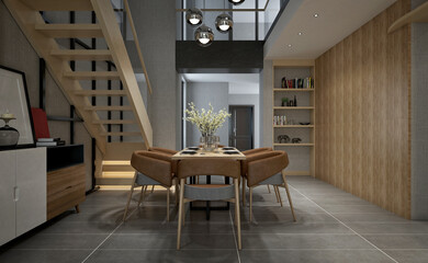 3d render luxury apartment living and dining room