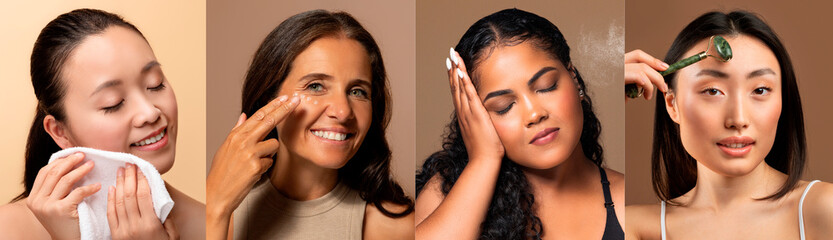 This collage features four people engaging in different skin care activities at home. They are...
