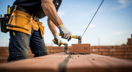 Skilled Mason Carefully Laying Red Bricks and Applying Mortar to Build a Wall, Skilled Construction Worker with Tool Belt